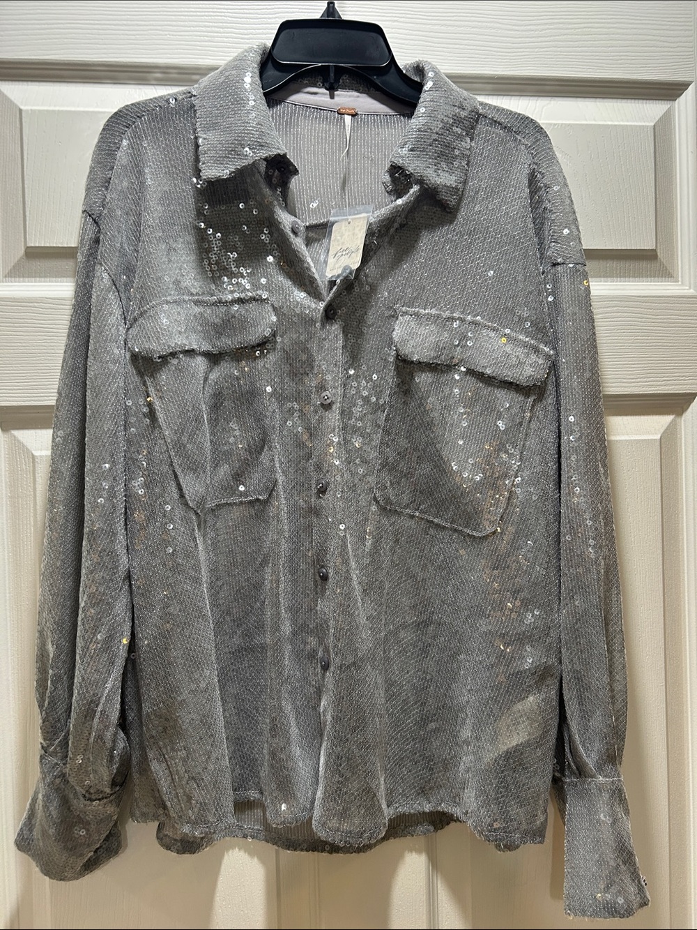 Free People Silver Gray Sequin Corduroy Button-Down Shirt